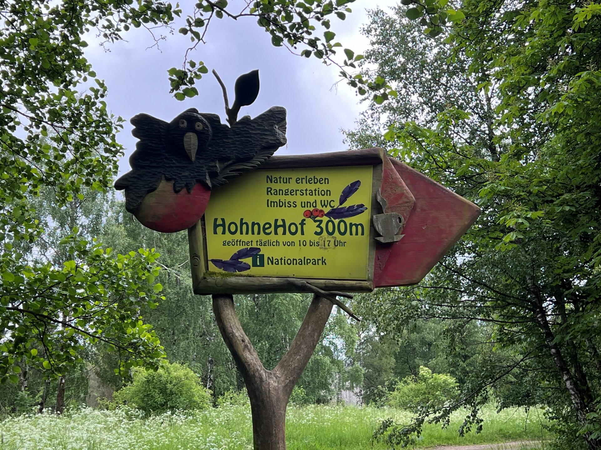 Der Vogel zeigt den weg vom Löwenzahn-Erlebnisweg zum Natur-erlebniszentrum HohenHof.
