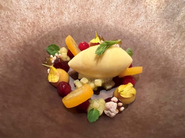 Passionsfruchtsorbet mit Moosbeeren und Birnenquitte Ragout im Sternerestaurant Vendôme, allerdings als laktosefreie Version.